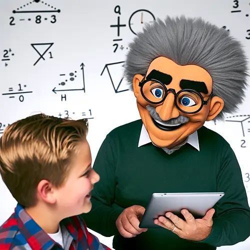 MatheFred freundlicher sympathischer virtueller Mathe Coach spielt ein Mathe Spiel mit jungem